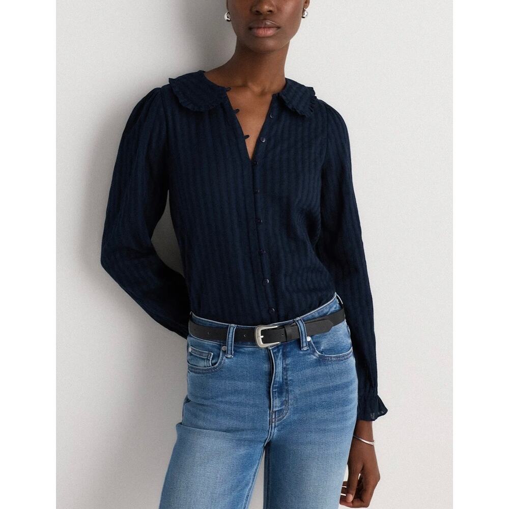Quince Embroidered Cotton Ruffle Peter Pan Collar Button-Front Blouse Large - Picture 14 of 14